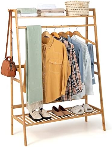 Giantex 3 slojna bambusona stalak za odjeću sa policama, teška stalak za samostojeće odjeće s kukicama kaputa,