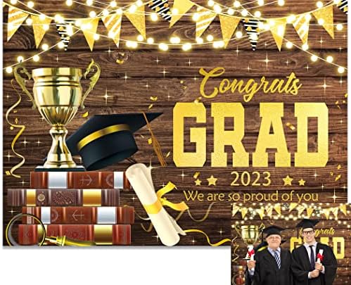 Binqoo 7x5ft Čestitamo GRAD Wood Backdrop Klasa 2023 Drvena ploča Trofej Ponosni na vašu pozadinu Diplomiraj