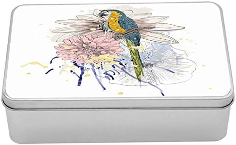Ambesonne Tropical Tin Box, papagajna ptica sjedi na Dahlia Daisy i Hibiscus cvjetni bouquet bouquet efekat,