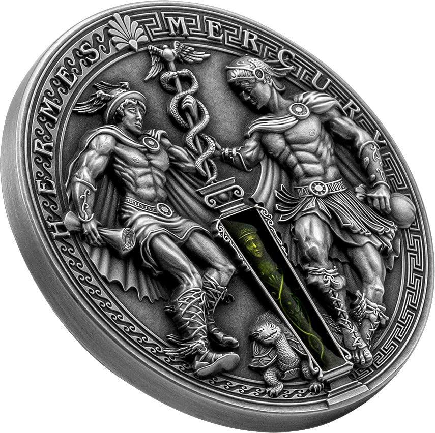 2022 DE Moderna pribora za pomoćnu hercoin Hermes i Mercury 2 oz Silver Coin 5 $ Niue 2022 Antique Finish